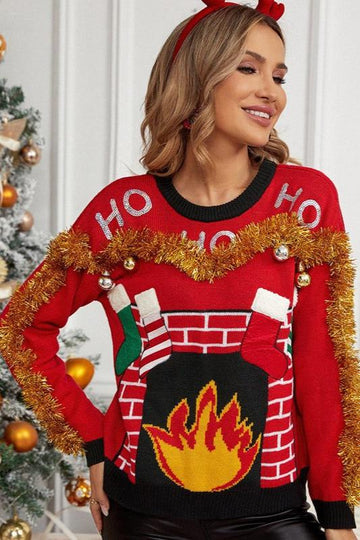 Woochic pull de Noël brodé flammes et chaussettes jacquard rouge S